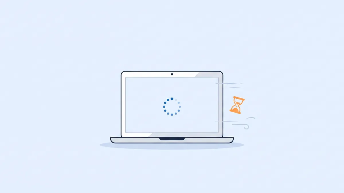 Illustration of a laptop showing a loading circle, with an hourglass beside it