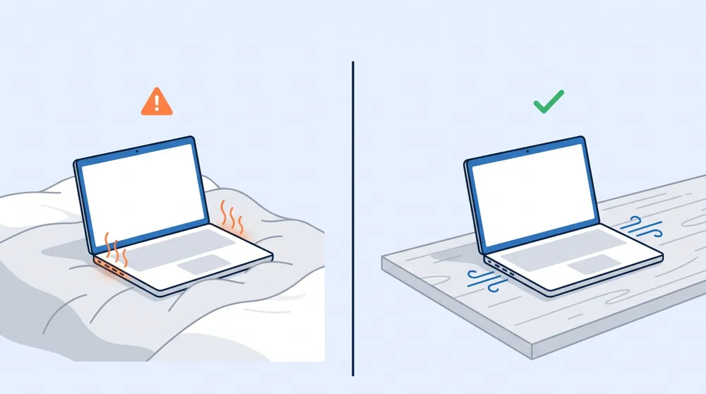 Illustration comparing a laptop overheating on a soft bed with the same laptop cooling properly on a hard desk
