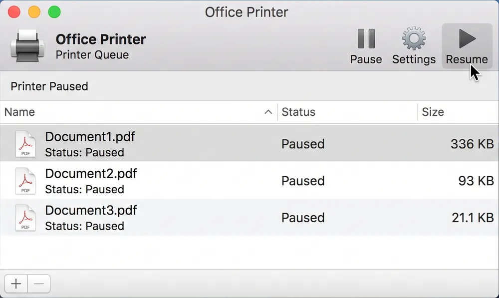 Mac printer queue showing Printer Paused, with the pointer on the Resume button
