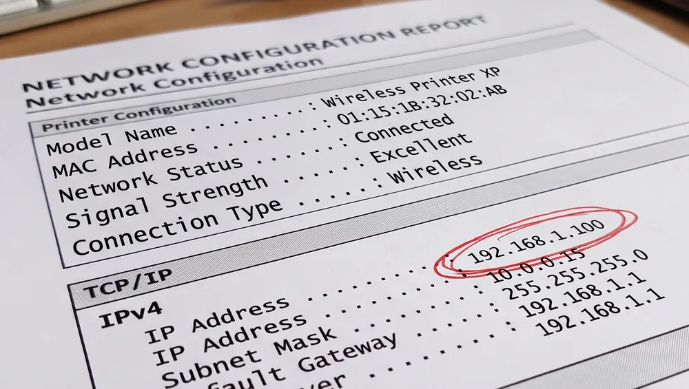 Printed network configuration report with the printer's IP address, 192.168.1.100, circled in red
