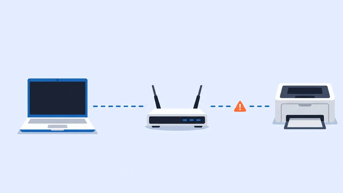 Illustration of a laptop, a Wi-Fi router and a printer, with the connection between the router and the printer broken