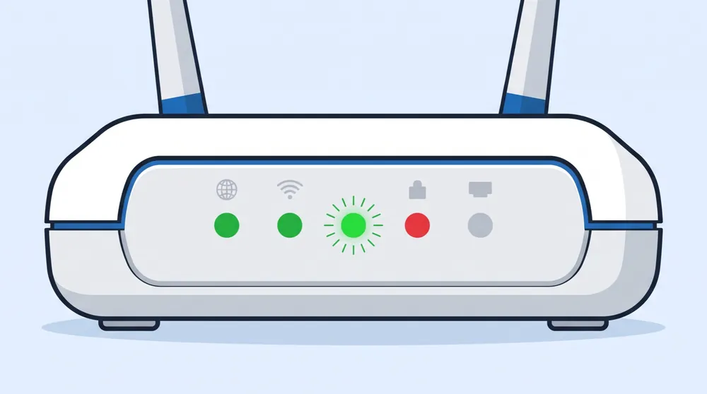 Illustration of a router's front status lights: two solid green, one blinking green, one red and one off