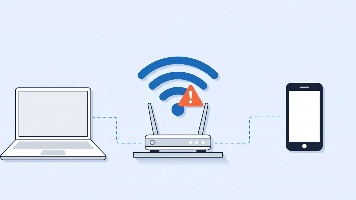Illustration of a laptop and a phone connected to a Wi-Fi router, with a warning symbol on the Wi-Fi signal