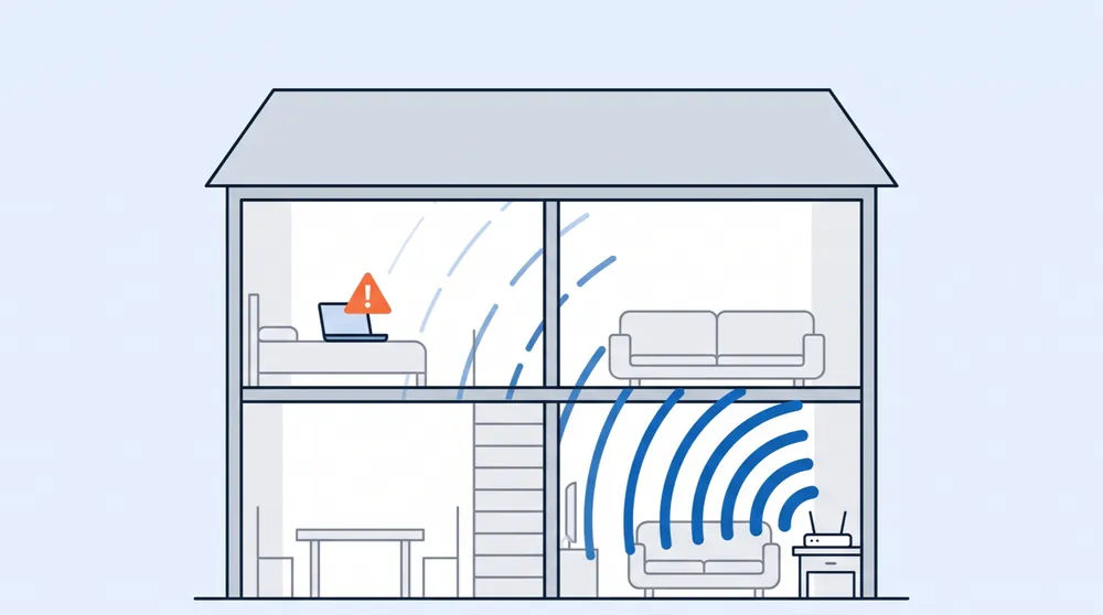 Illustration of a two-story house where the Wi-Fi signal from a downstairs router fades before reaching an upstairs bedroom