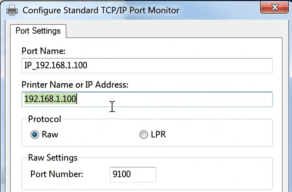 Configure Standard TCP/IP Port Monitor window with the printer's IP address in the Printer Name or IP Address field