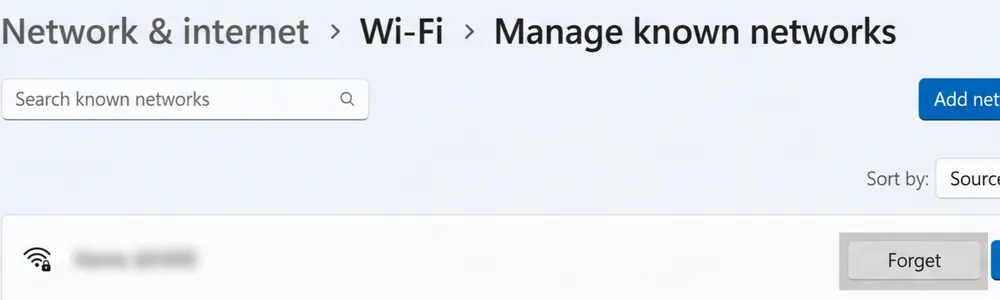 Windows 11 Settings showing Manage known networks with the Forget button on a saved Wi-Fi network