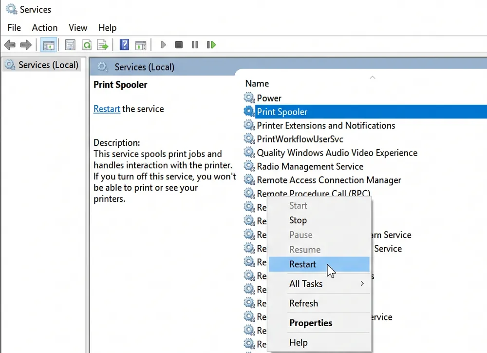 Windows Services window with Print Spooler selected and Restart highlighted in the right-click menu