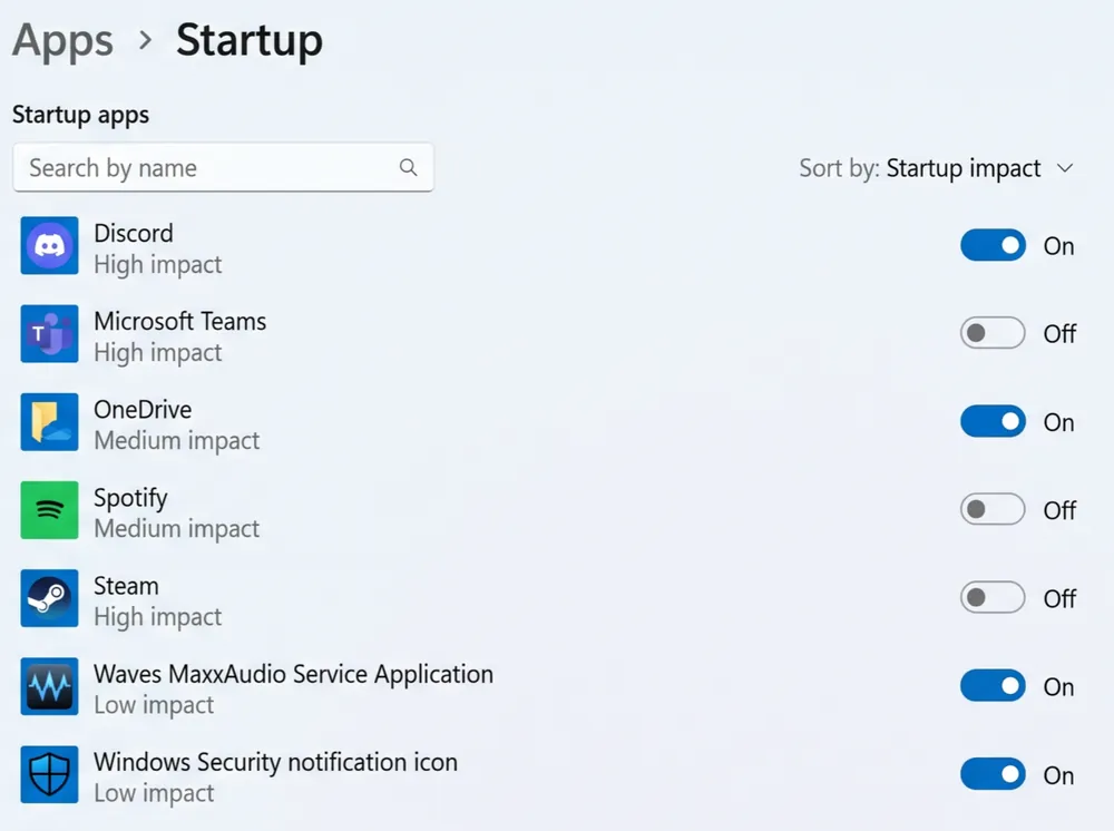 Windows 11 Settings showing the Startup apps list with on/off switches and impact ratings