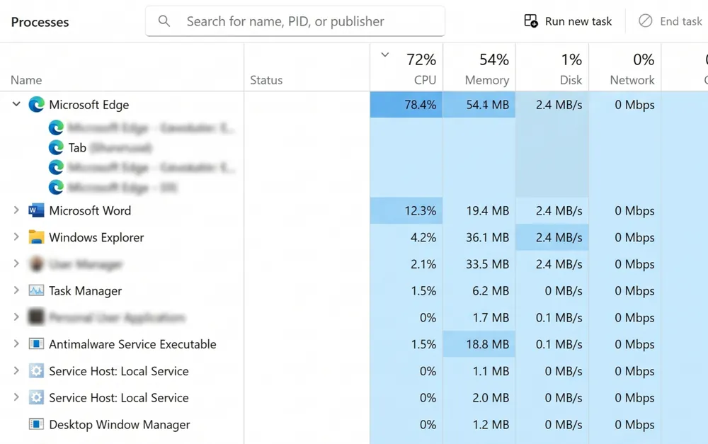 Windows 11 Task Manager on the Processes page, sorted by CPU usage