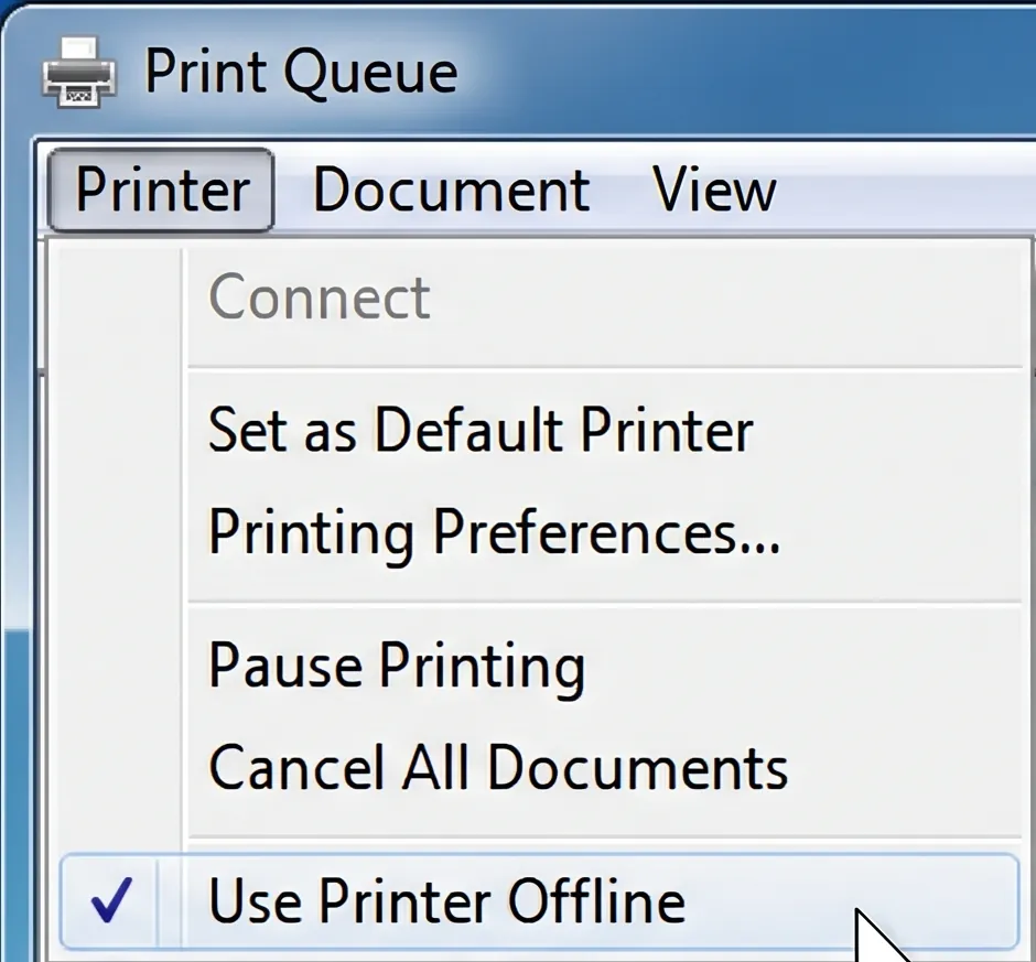 Print queue window with the Printer menu open and Use Printer Offline ticked